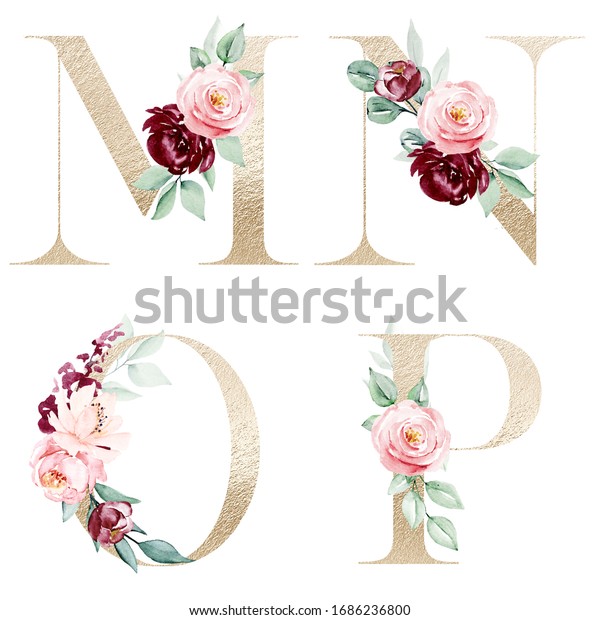 Floral Alphabet Gold Letters Set Watercolor