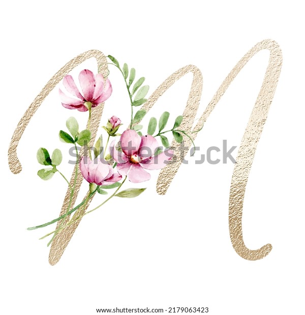 Floral Alphabet Letter M Watercolor Flowers 库存插图 2179063423 Shutterstock