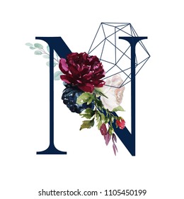 Floral Alphabet Navy Color Letter T ilustración de stock 1136093678