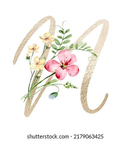 Floral Alphabet Letter N Watercolor Flowers Stock Illustration