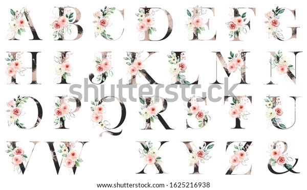 Floral Alphabet Letters Watercolor Flowers Roses Ilustracja Stockowa Shutterstock