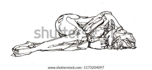 Freehand Contour Line Drawing Nude Woman Stock Illustration