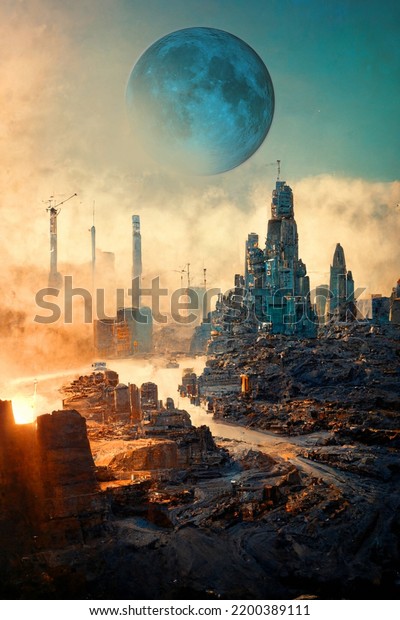 Futuristic City Sunset On Alien Planet Stock Illustration