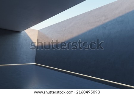 Futuristic design concrete area with illuminated line around the perimeter of floor and sunlight from top for car or your company product presentation. 3D rendering, mockup