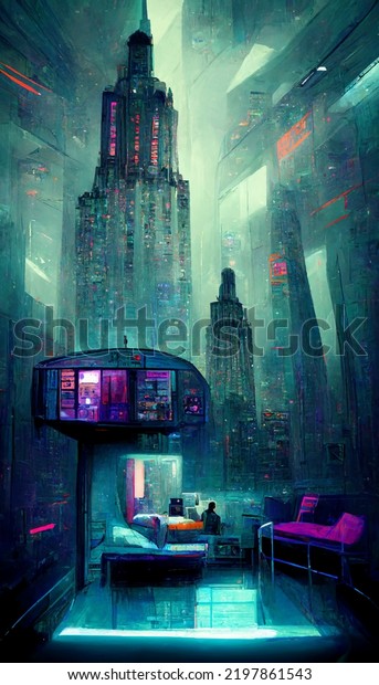 Futuristic Room Cyberpunk Dystopian New York Stock Illustration