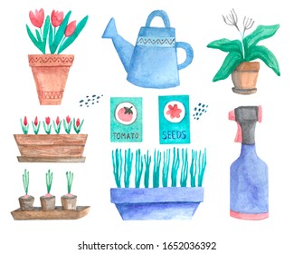 Watercolor Gardening Set Illustrations Plants Pots Stock Illustration