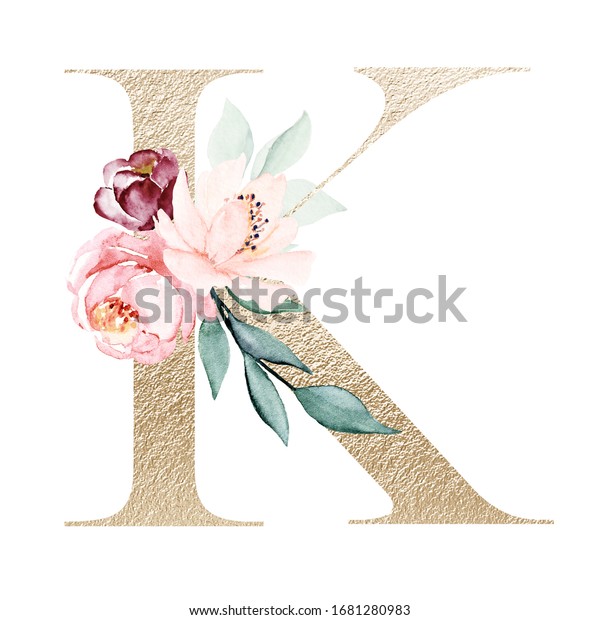 Gold Letter K Watercolor Flowers Leaves