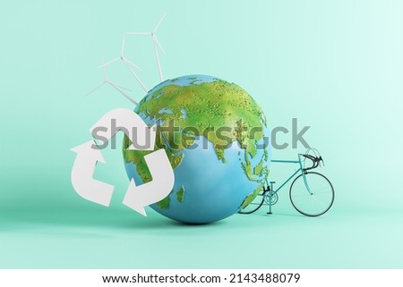 Green eco globe on blue background. Environment and ecology concept. 3D Rendering