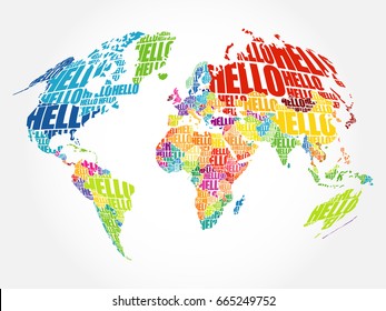 Hello Word Cloud World Map Typography Stock Illustration