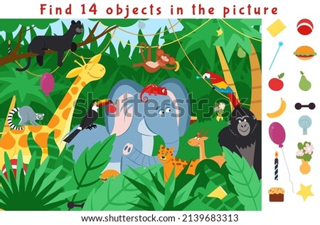 Hidden object puzzle. Kid learning game, find objects in jungle forest. School educational worksheet play, fun activity with animals decent scene
