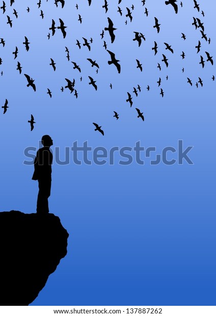 Illustration Man Standing On Cliff Watching Stock Illustration