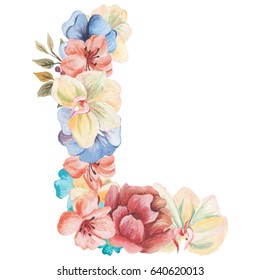 Letter L Watercolor Flowers Isolated Hand Stock Illustration