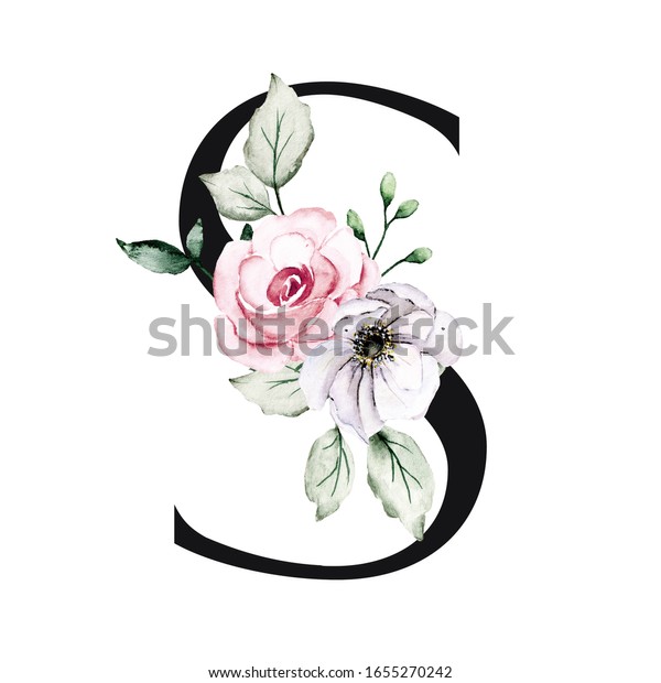 Letter S Floral Monogram Initial Watercolor Stock Illustration