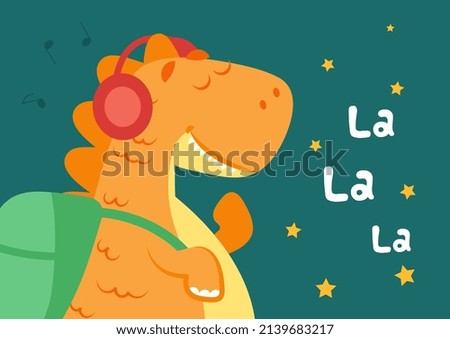 Little dinosaur poster. Baby boy dino, cartoon teen enjoying music. Cute shirt print with animal. Funny monster listen song decent design