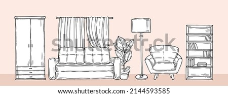 Living room banner. Sketch furniture, flat apartment with wardrobe, sofa, arm chair and bookshelf. Cozy interior background, drawing home accessories illustration