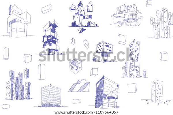 Many Hand Drawn Architectectural Sketches Modern Stock Illustration