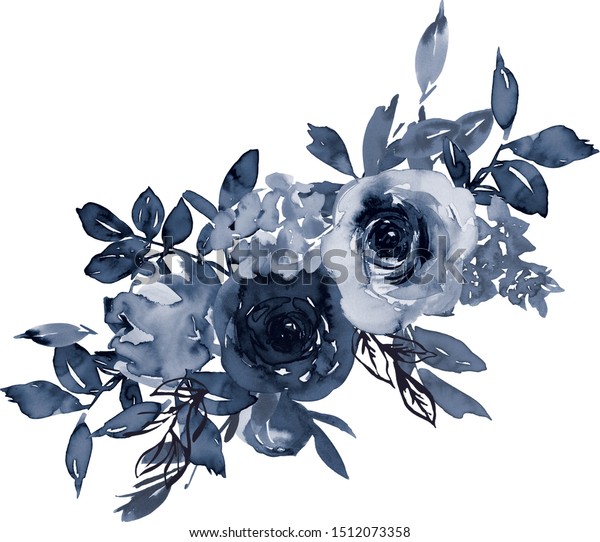 Navy Blue Watercolor Floral Arrangement Isolated Stock Illustration