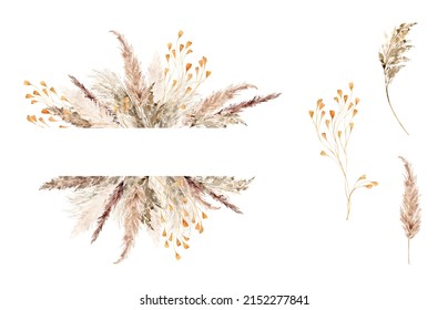 Pampas Grass Border Painted Watercolor Boho Stock Illustration