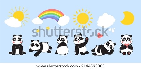 Panda animals. Cartoon pandas, rainbow and sun. White clouds, stars and wild exotic animal, childish cute friends characters