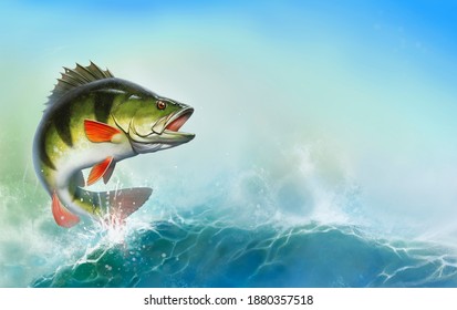 Largemouth Bass Jumps Out Water Realistic Stock Illustration