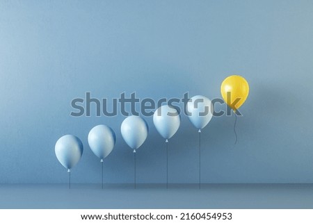 Personal development, success and career growth from the very beginning concept with stairs from blue balloons and flying yellow balloon in the result. 3D rendering