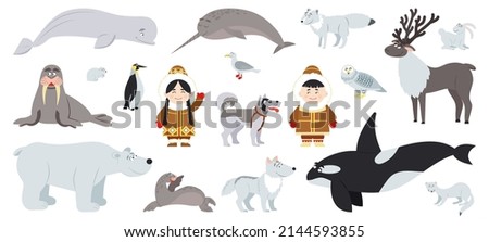 Polar animals. Cute arctic animal, walrus bear whale. Fun antarctic flat wildlife, penguin and alaska baby with dog. Eskimo characters decent set