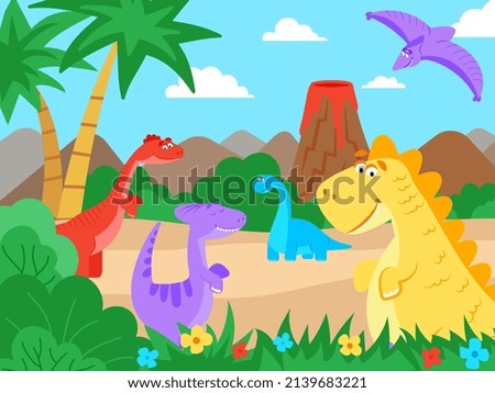 Prehistoric landscape. Cartoon dinosaur nature walk, jurassic cute monsters. Baby dino animals in jungle and active volcano decent scene