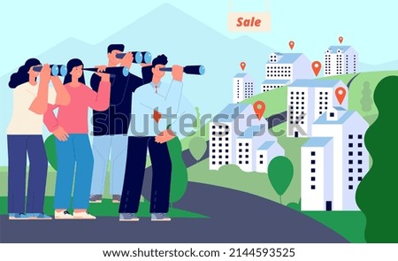 Real estate sale. People waiting bidding. Houses and apartments bargaining price. Mortgage or rent, woman man with binoculars looking buildings, illustration