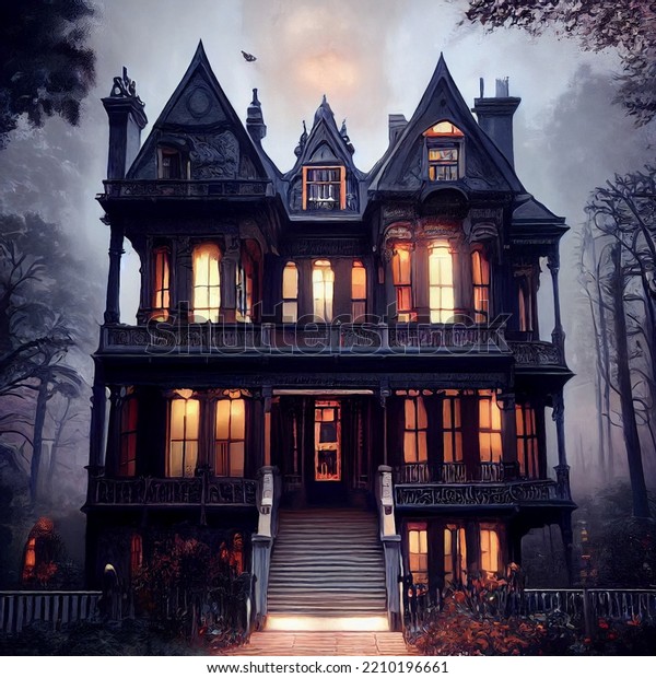 Realistic Victorian Mansion Beautiful Haunted Af Stock Illustration