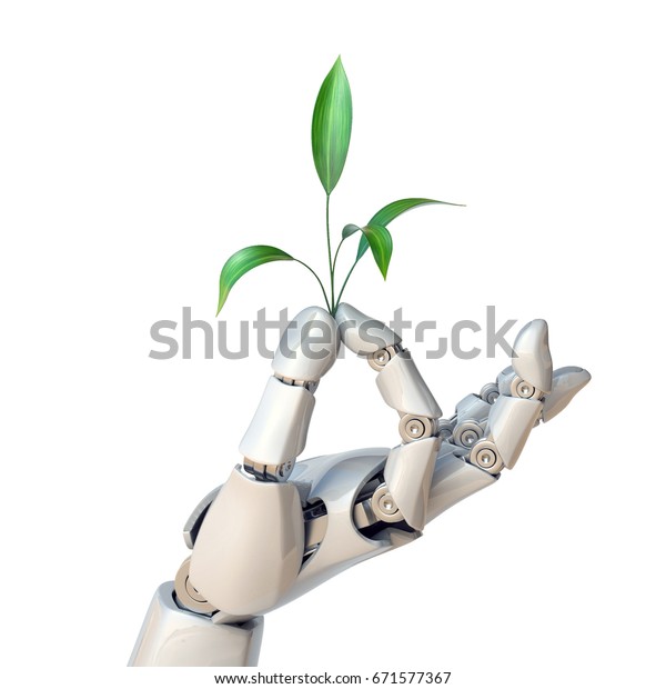 Robot Hand Holding Plant Synthetic Life Stock Illustration 671577367