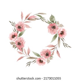 Round Frame Delicate Pink Watercolor Flowers Stock Illustration