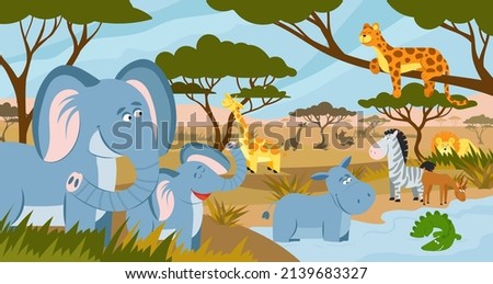 Savanna animals. African summer animals, savannah lands landscape. Funny tropical zoo, safari park panorama with decent flat wild characters
