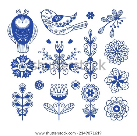 Scandinavian folk design. Nordic blue ornament elements, swedish folklore art. Rustic finnish decor, floral danish style embroidery nowaday template