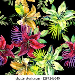 Seamless Watercolor Patterns Lilies Tropical Leaves Stock Illustration