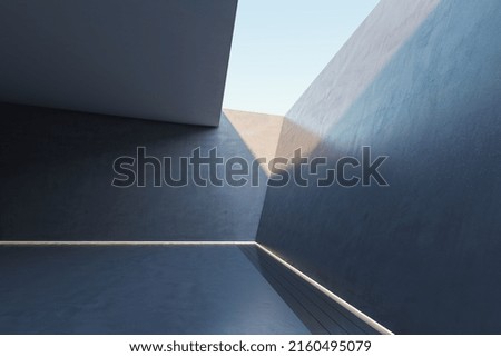 Side view on futuristic design concrete area with illuminated line around the perimeter of floor and sunlight from top for car or your company product presentation. 3D rendering, mockup