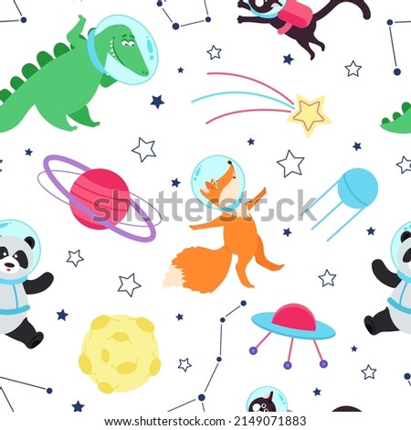 Space animals seamless pattern. Cute animal, galaxy kids adventures print. Cartoon childish wallpaper, astronaut travel in cosmos decent set