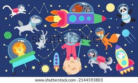 Space animals set. Kid planets, flat cartoon animal astronauts. Cute characters in spaceship, flying in rocket in universe. Children cosmos decent elements