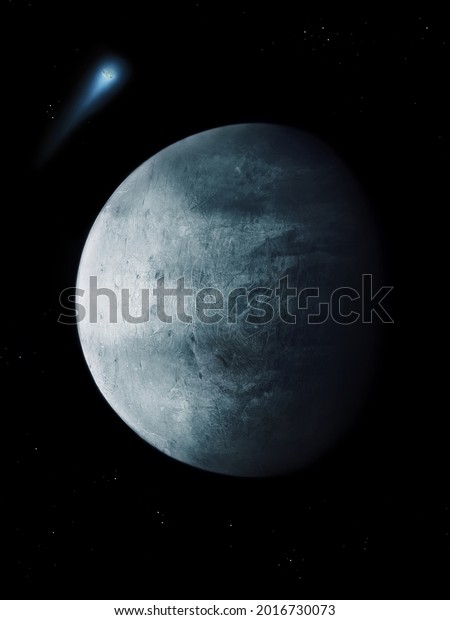 Stone Planet In Space With Stars Satellite With Craters On The Surface