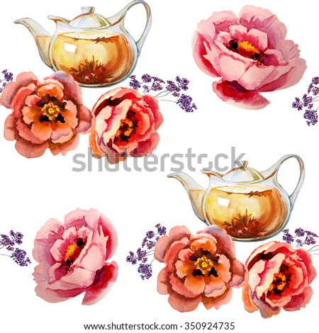 Teapot Floral Tea Watercolor Painting Stockillustration 350924735