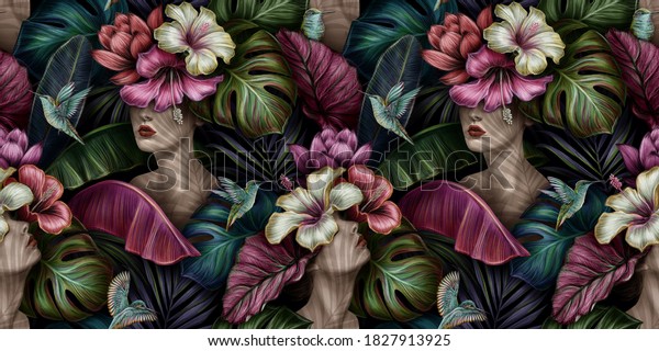 Tropical Exotic Seamless Pattern Naked Woman Stock Illustration