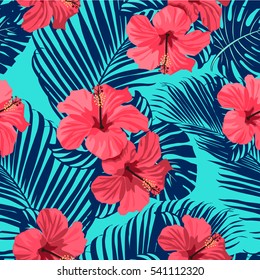 Tropical Flowers Palm Leaves On Background Stock Illustration 541112320