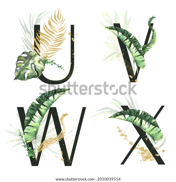 Tropical Green Gold Floral Alphabet Collection Stock Illustration