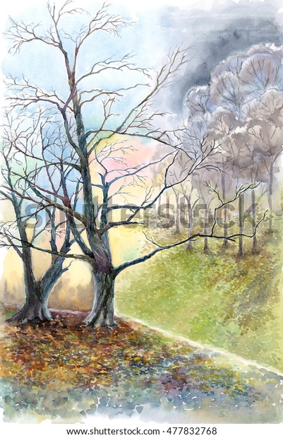 Watercolor Fall Landscape Autumn Naked Trees Stock Illustration