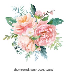 Watercolor Floral Illustration Bouquet Bright Pink Stock Illustration