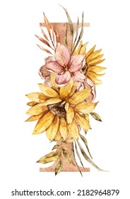 Watercolor Floral Sunflower Bouquets Alphabet Monogtram Stock