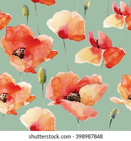 Watercolor Flowers Seamless Pattern Poppiesbright Colors Stock