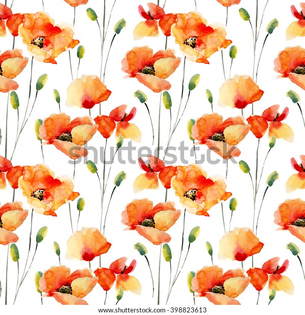 Watercolor Flowers Seamless Pattern Poppiesbright Colors Stock