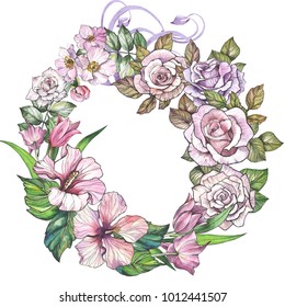 Watercolor Flowers Wreath Roses Stock Illustration