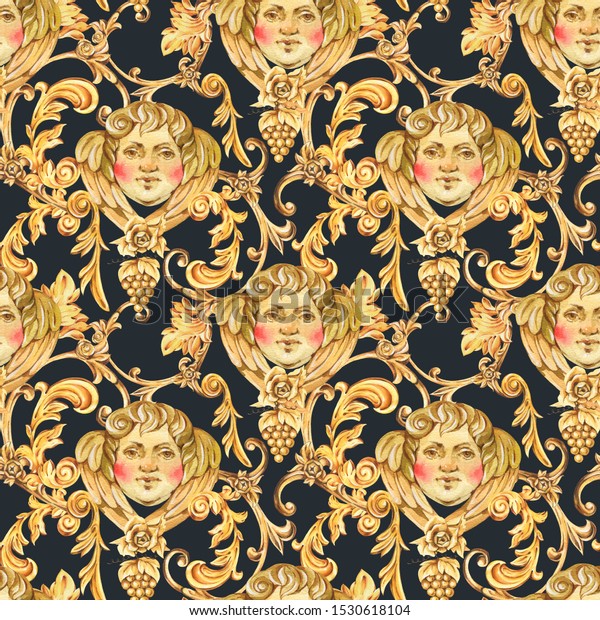 Watercolor Golden Baroque Angel Seamless Pattern Stock Illustration