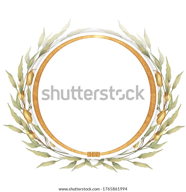 Watercolor Green Leaves Gold Round Frame Stock Illustration